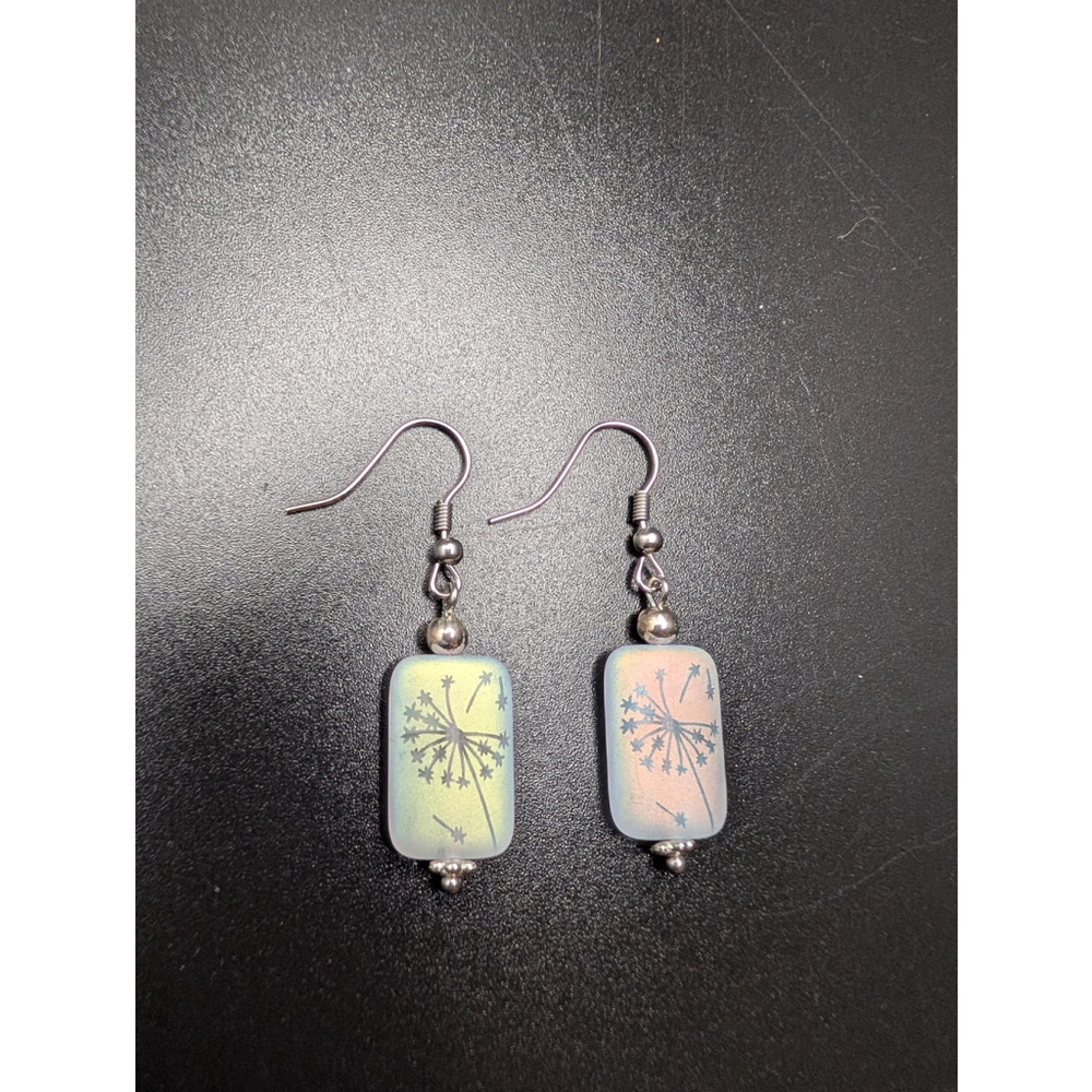 Iridescent Czech Glass Dandelion Earrings: Stainless Steel Hooks Cottagecore - Picture 4 of 5